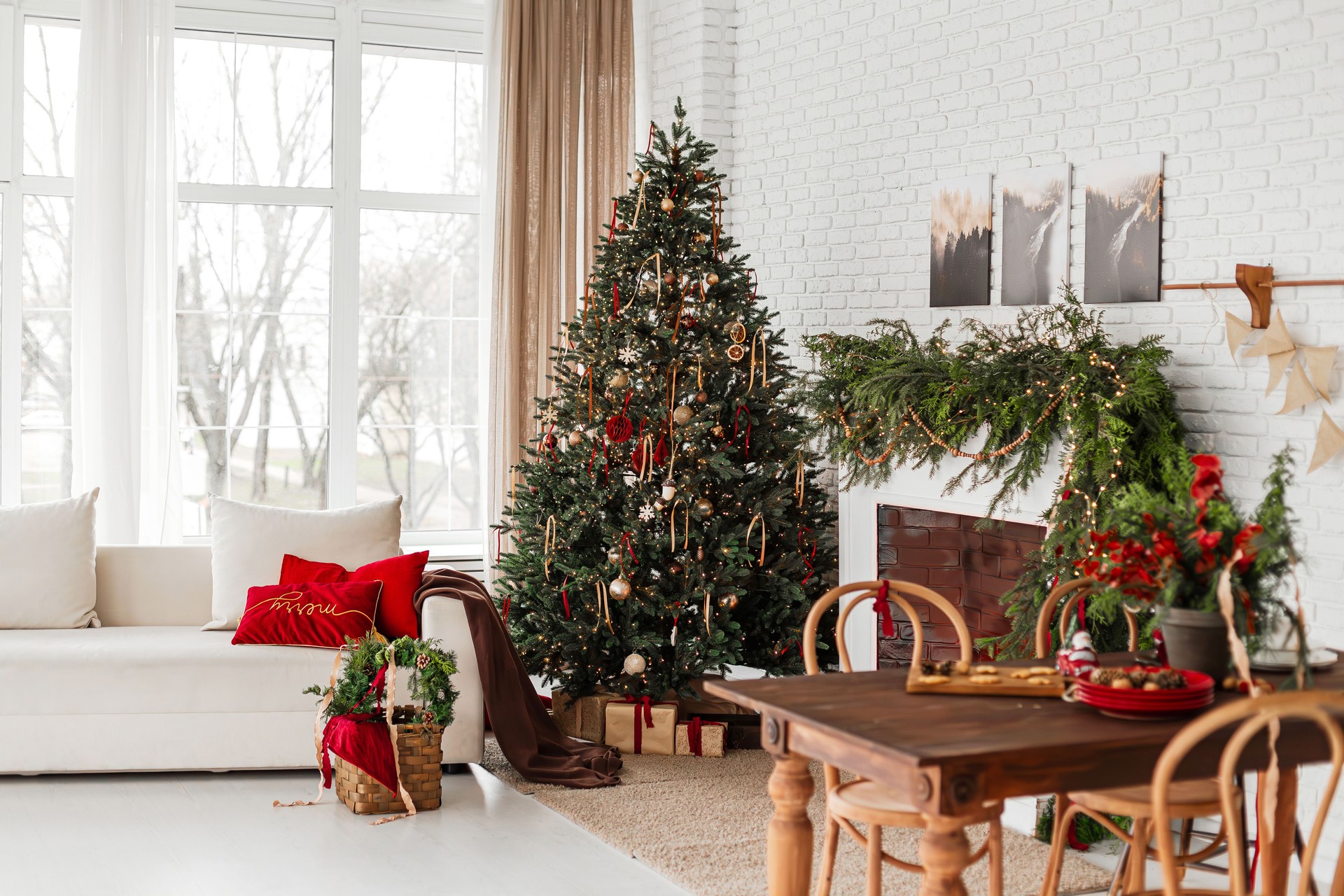 Stylish interior of living room with Christmas tree