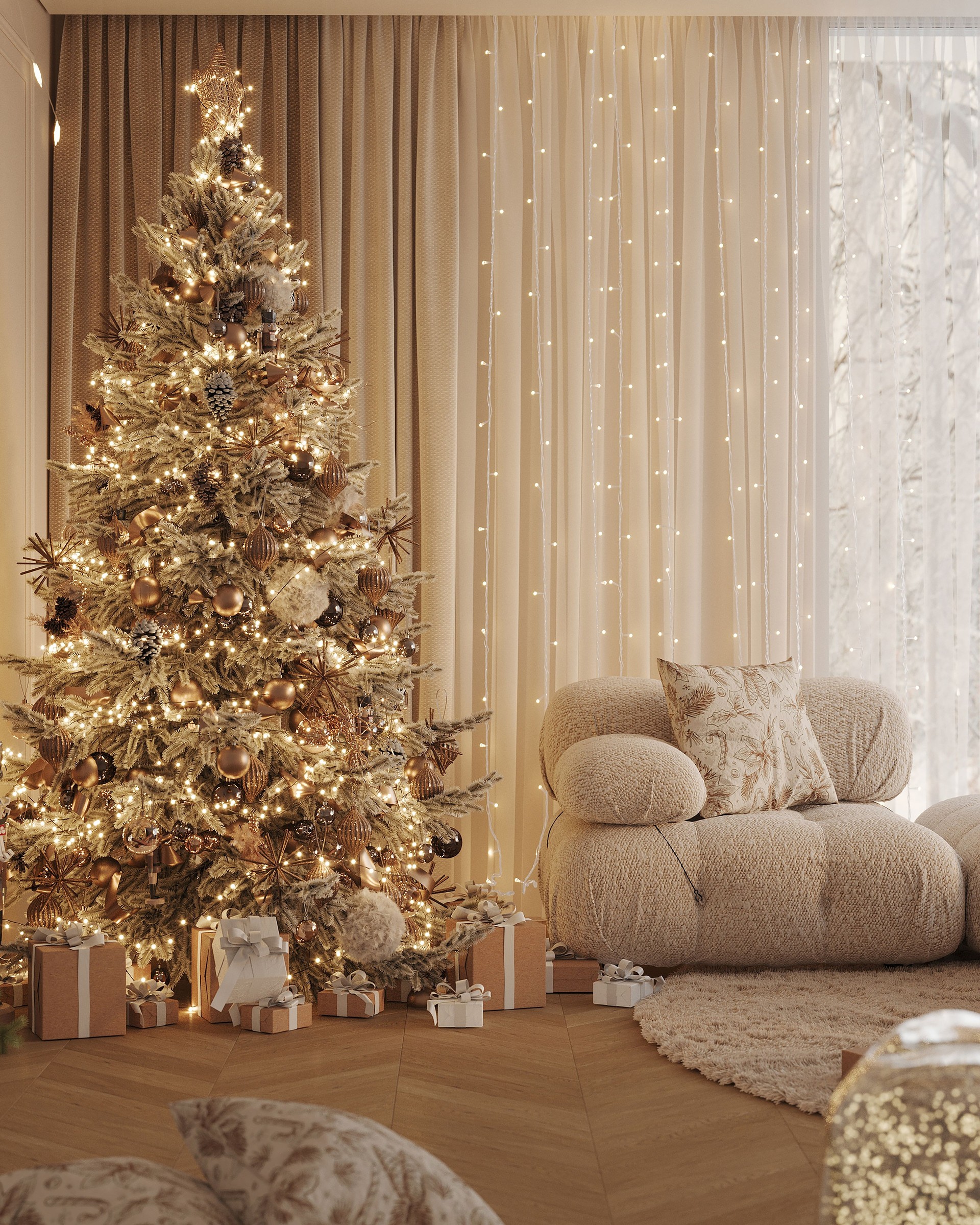 New year tree. Beautiful Christmas , New Year decorated room. Christmas tree with decorations at home